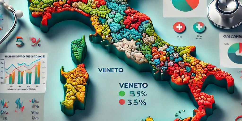 DALL·E 2024-06-24 13.04.02 – A detailed map of Italy highlighting the regional differences in healthcare performance. The map is color-coded, showing regions like Veneto in vibran