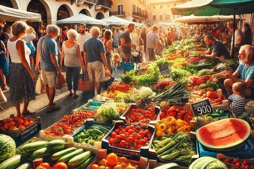DALL·E 2024-07-10 10.35.49 – A vibrant and colorful market scene in Verona, Italy, during the summer. The image should depict a bustling farmers’ market with stalls overflowing wi